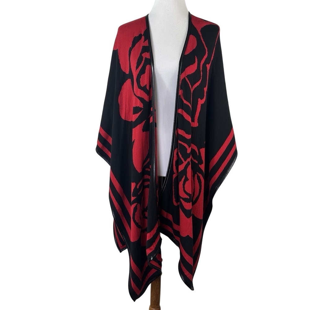Chico's Ruana Wrap Red Black Rose Jacquard Shawl Poncho‎ Oversized Women's L/XL